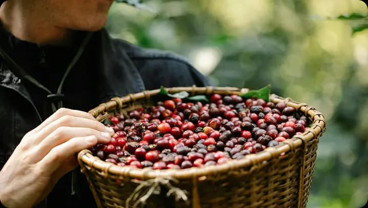 Canasta con granos de café recién cosechados